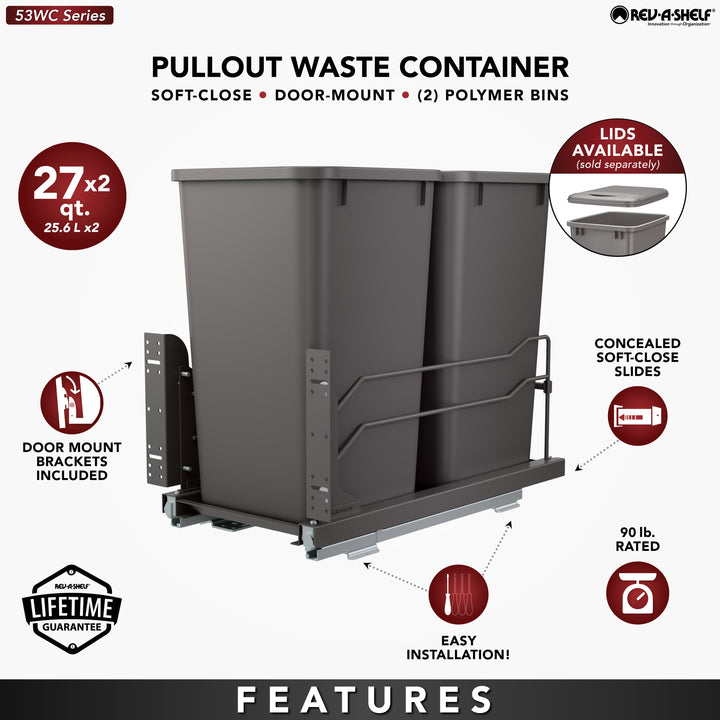 Rev-A-Shelf Double Pullout Trash Can 27 qt. with Soft-close, 53WC-1527SCDM-213