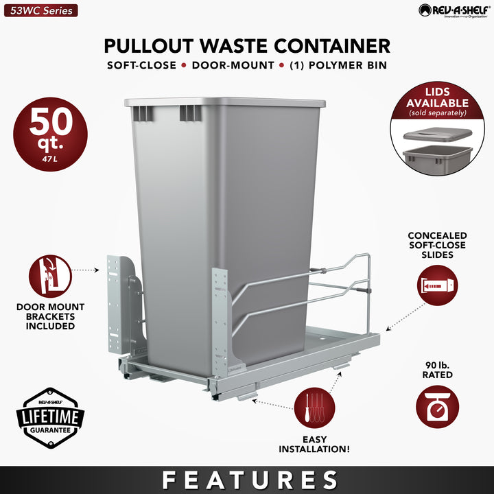 Rev-A-Shelf Pullout Kitchen Trash Can 50 qt. with Soft-close, 53WC-1550SCDM-117