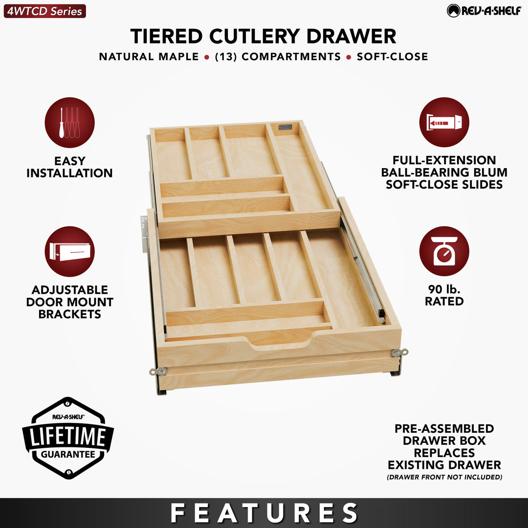 Rev-A-Shelf 18'' Tiered Cutlery Drawer Organizer w/ Soft-Close, 4WTCD-21HSC-1