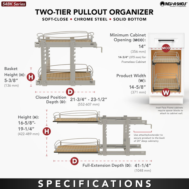 Rev-A-Shelf Two-Tier Solid Bottom Pullout Base Cabinet Organizer, 54BK-15SC-2-1