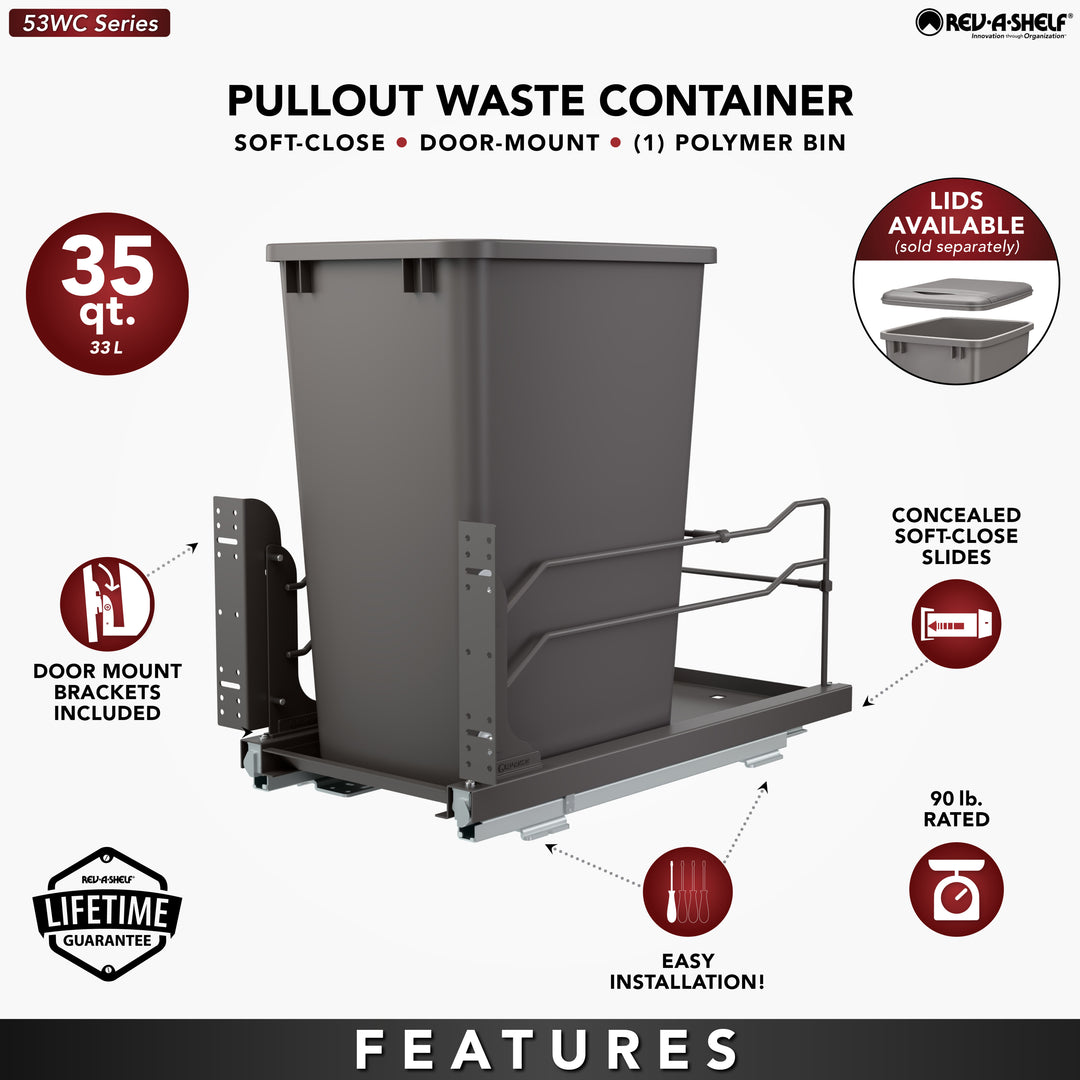 Rev-A-Shelf Pullout Kitchen Trash Can 35 qt. with Soft-close, 53WC-1535SCDM-113