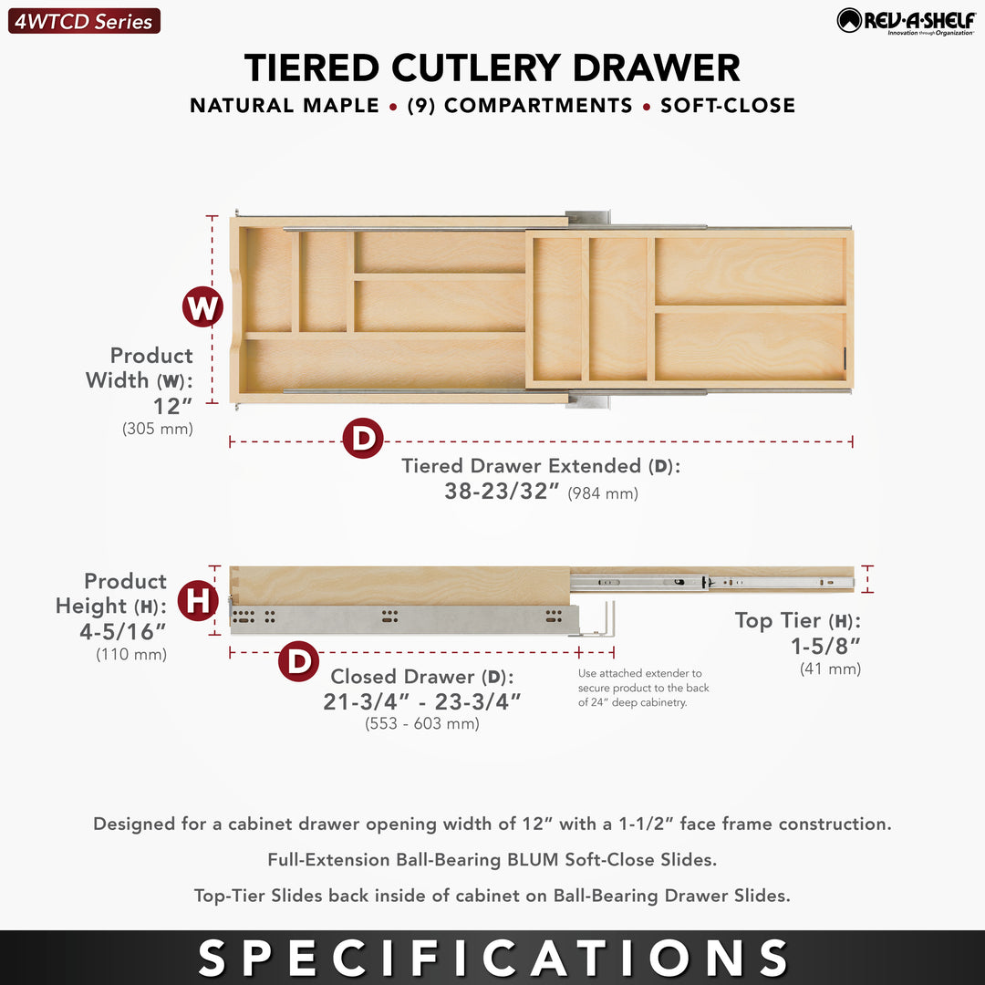 Rev-A-Shelf 12'' Tiered Cutlery Drawer Organizer with Soft-Close, 4WTCD-15HSC-1