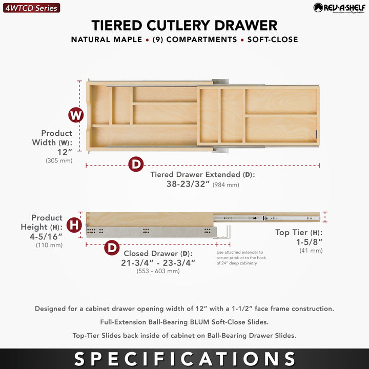 Rev-A-Shelf 12'' Tiered Cutlery Drawer Organizer with Soft-Close, 4WTCD-15HSC-1