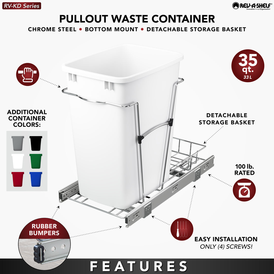 Rev-A-Shelf Pullout Trash Can 35 qt. for Kitchen Cabinets, Red, RV-12KD-16C-S