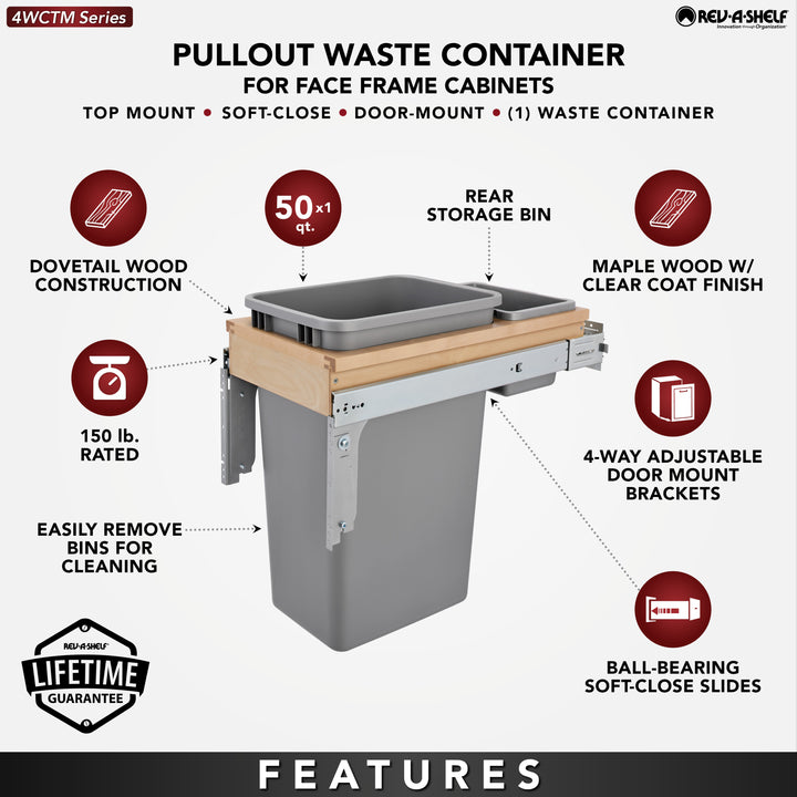 Rev-A-Shelf Pullout Top Mount Trash Can w/ Soft-close, 50 qt., 4WTCM-1550BBSCDM-1