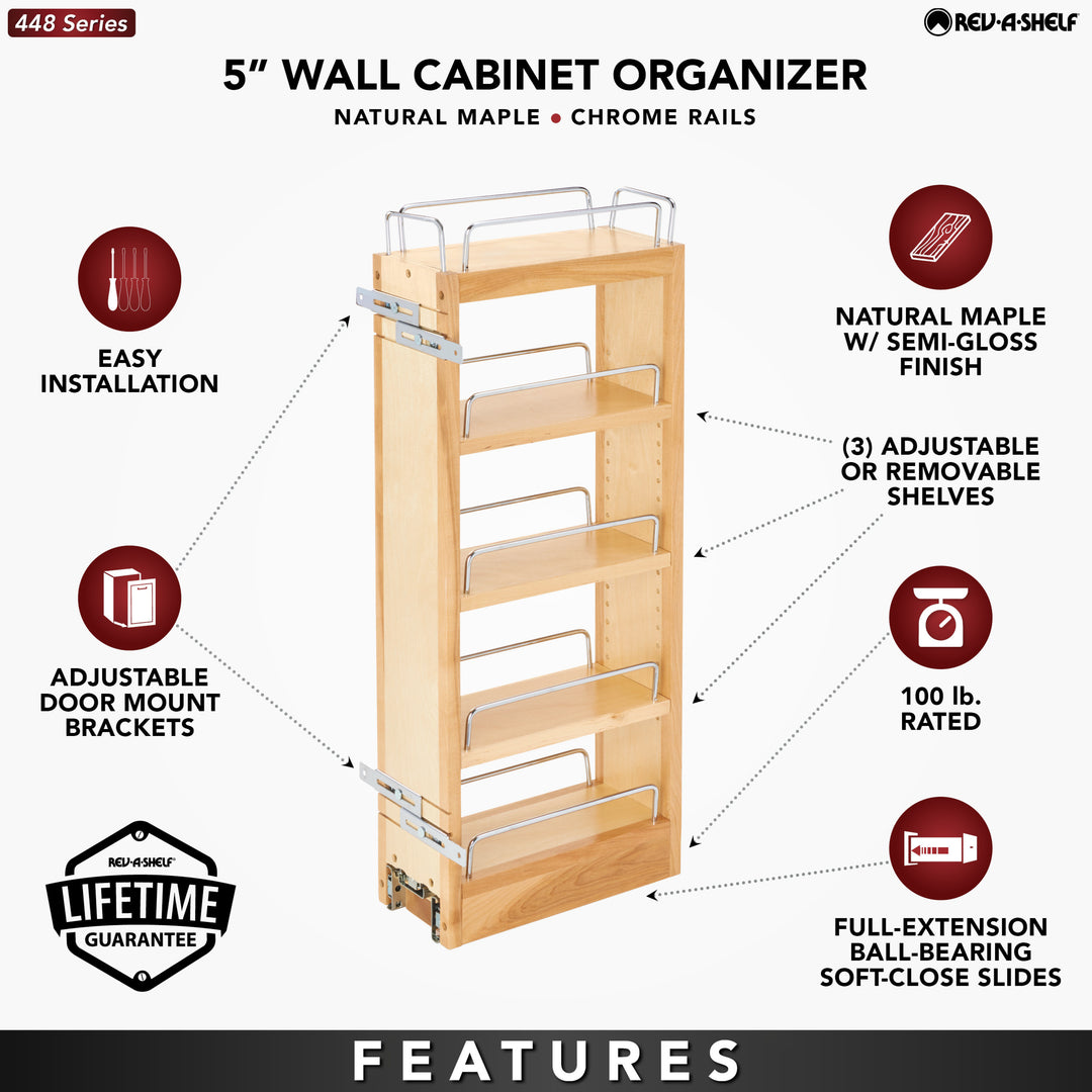 Rev-A-Shelf 5" Pullout Wall Kitchen Cabinet Organizer Storage Rack, 448-WC-5C