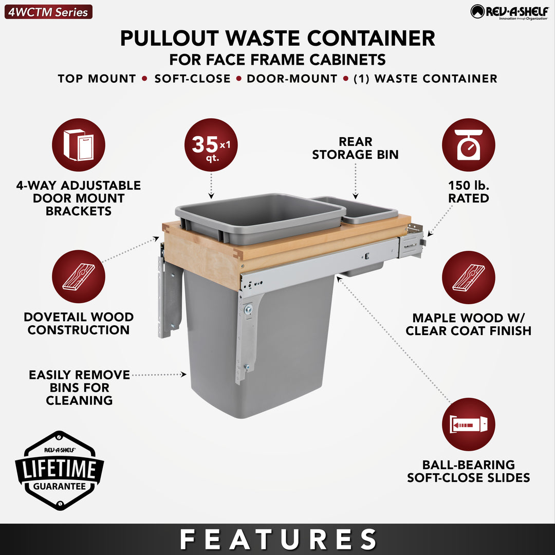 Rev-A-Shelf Pullout Top Mount Trash Can w/ Soft-close, 35 qt., 4WCTM-12BBSCDM1