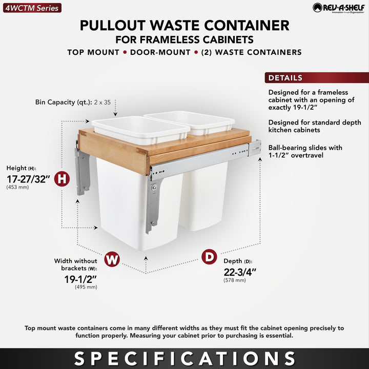 Rev-A-Shelf Double 35 qt. Pullout Top Mount Container, White, 4WCTM-21DM2-495-FL
