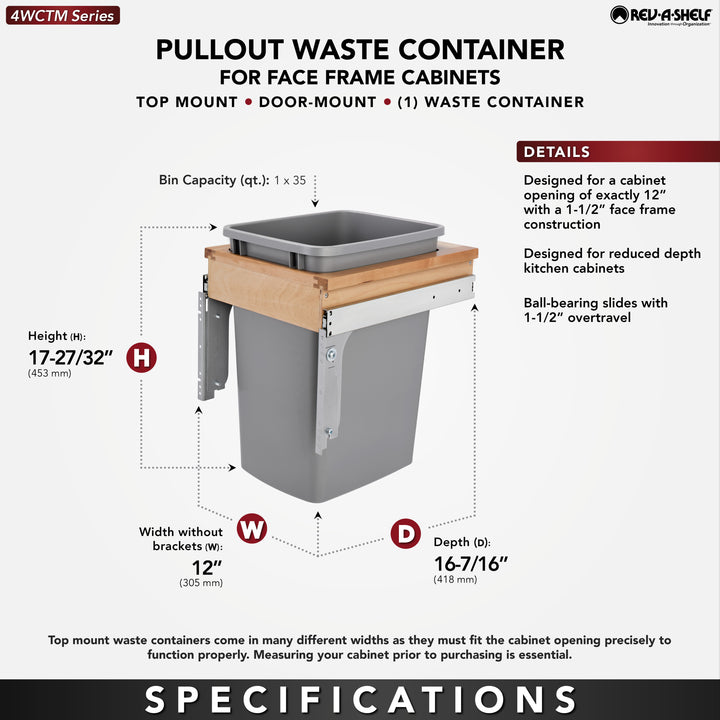 Rev-A-Shelf Pullout Top Mount Trash Can 35 qt., Silver, 4WCTM-1516DM-1