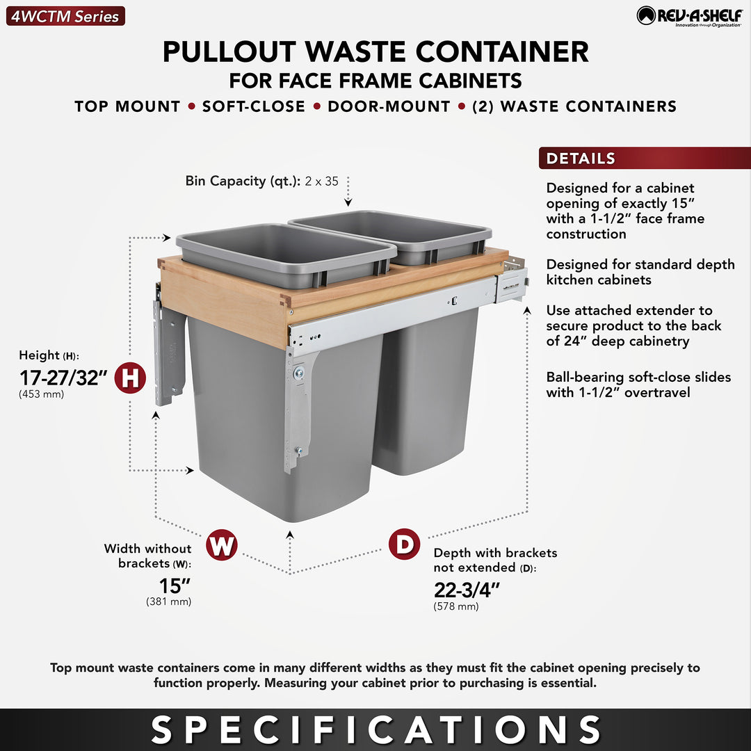 Rev-A-Shelf Pullout Top Mount Trash Can w/ Soft-close, 35 qt., 4WCTM-18BBSCDM2