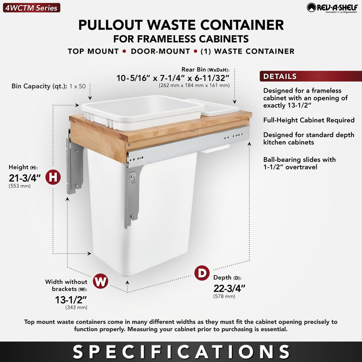 Rev-A-Shelf Pullout Trash Can, Full-Height Cabinet, 50 qt., 4WCTM-1550DM1-343-FL
