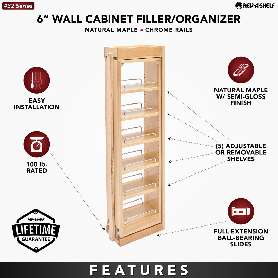 Rev-A-Shelf Pullout Wall Filler Cabinet Wooden Organizer, 39" Hgt, 432-WF39-6C