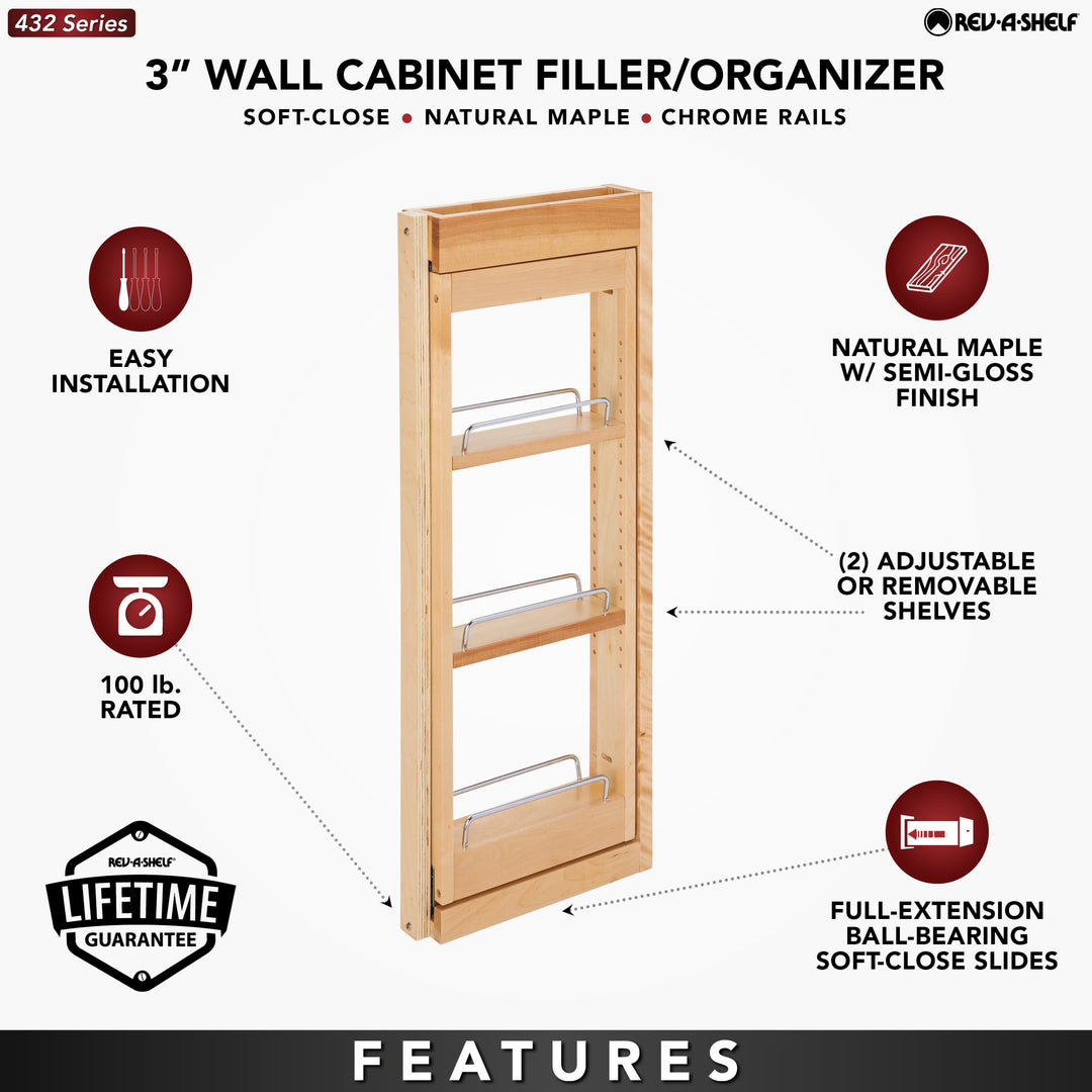 Rev-A-Shelf 3" Pullout Wall Filler w/ Soft-close, 30" Height, 432-WFBBSC30-3C