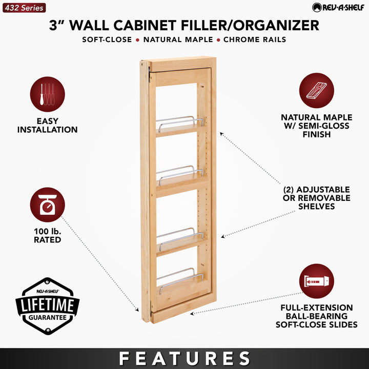 Rev-A-Shelf 3" Pullout Wall Filler w/ Soft-close, 36" Height, 432-WFBBSC36-3C