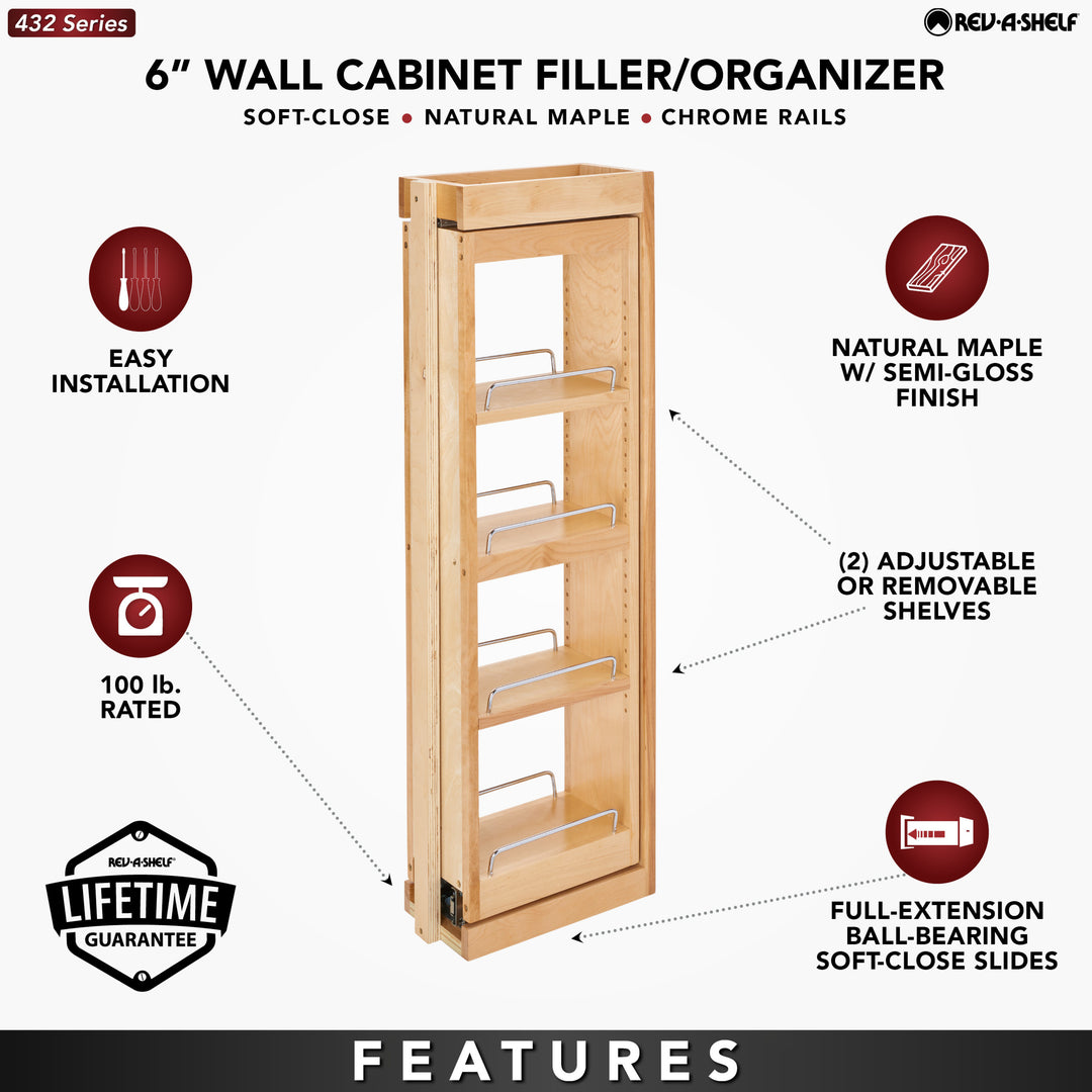 Rev-A-Shelf 6" Pullout Wall Filler w/ Soft-close, 36" Height, 432-WFBBSC36-6C