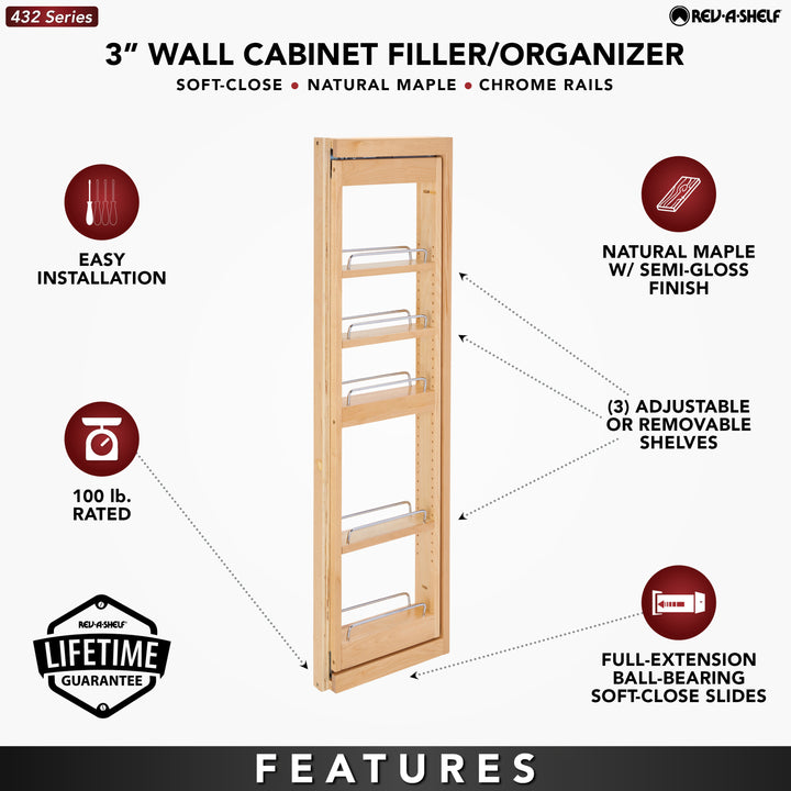 Rev-A-Shelf 3" Pullout Wall Filler w/ Soft-close, 42" Height, 432-WFBBSC42-3C