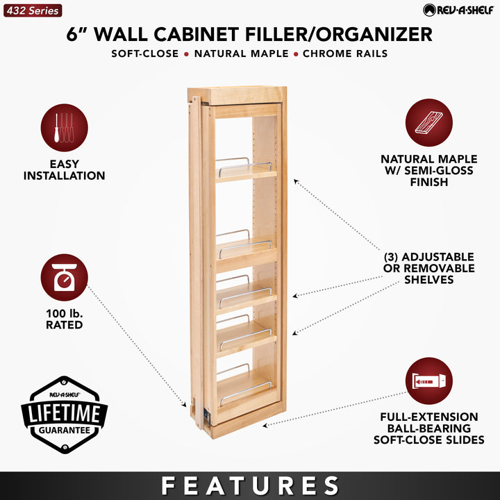 Rev-A-Shelf 6" Pullout Wall Filler w/ Soft-close, 42" Height, 432-WFBBSC42-6C