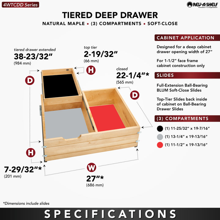Rev-A-Shelf 27'' Tiered Deep Drawer Organizer with Soft-Close, 4WTCDD-30HSC-1