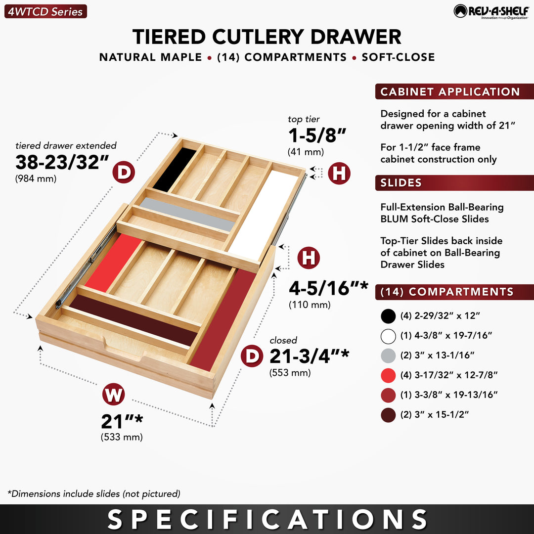 Rev-A-Shelf 21'' Tiered Cutlery Drawer Organizer with Soft-Close, 4WTCD-24HSC-1