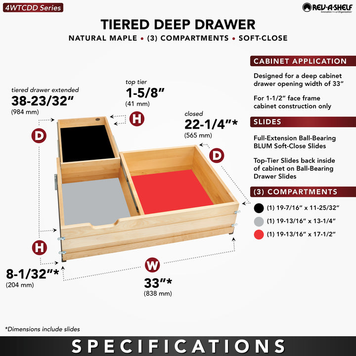 Rev-A-Shelf 33'' Tiered Deep Drawer Organizer with Soft-Close, 4WTCDD-36HSC-1
