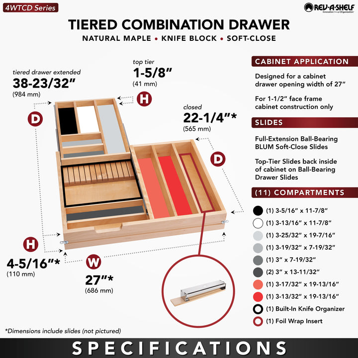 Rev-A-Shelf 27'' Tiered Cutlery Drawer Organizer with Soft-Close, 4WTCD-30HSC-1