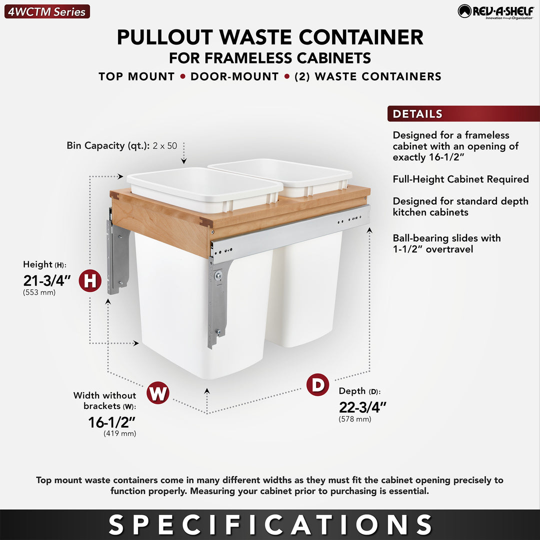 Rev-A-Shelf Pullout Trash Cans, Full-Height Cabinet, 50 qt.,4WCTM-1850DM2-419-FL