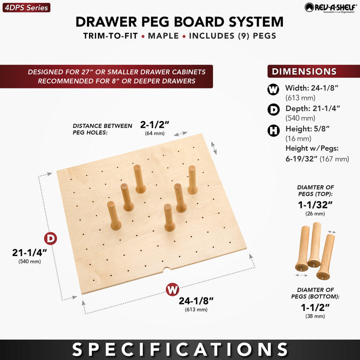 Rev-A-Shelf 24x21" Trimmable Pegboard Drawer Organizer with 9 Pegs, 4DPS-2421