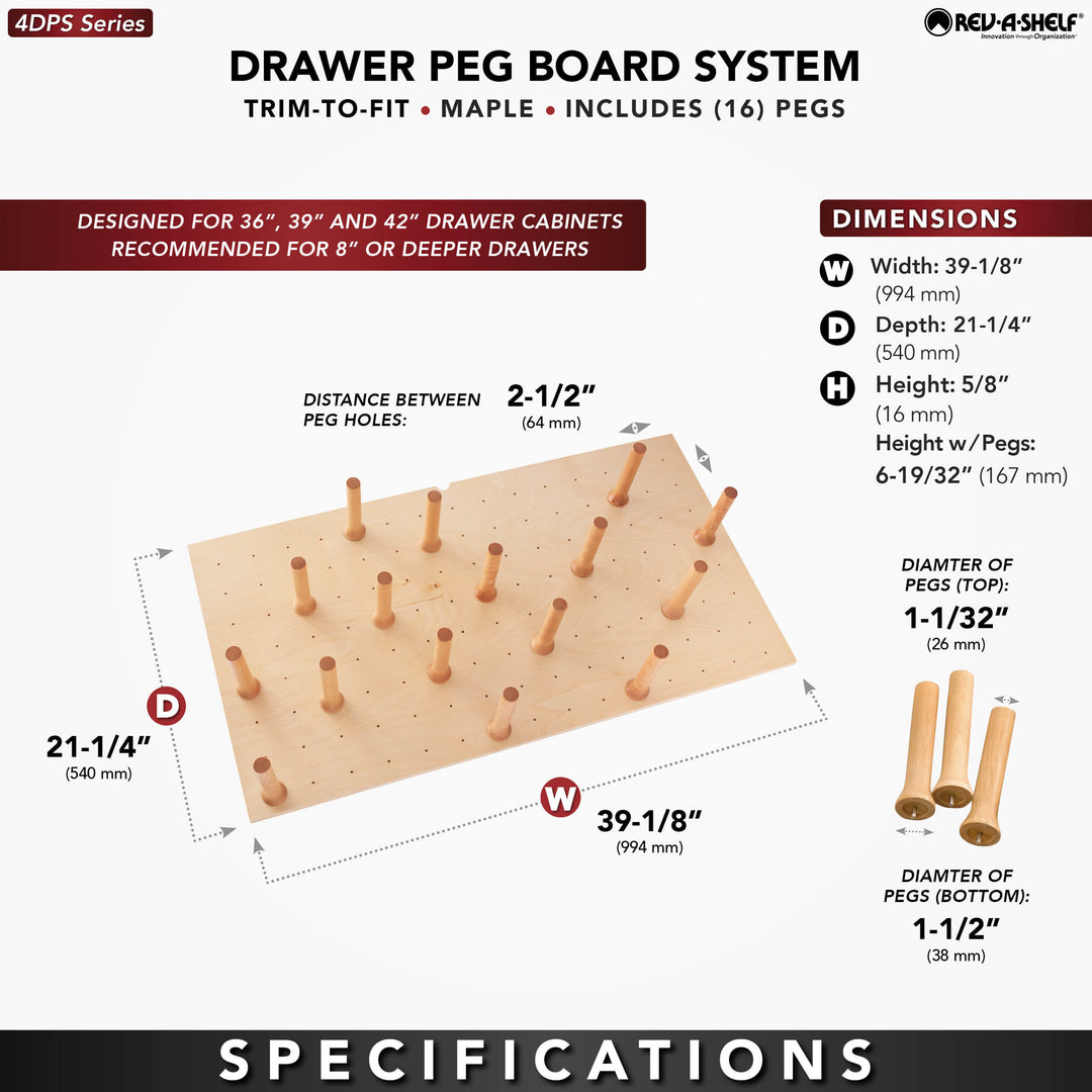 Rev-A-Shelf 39x21" Trimmable Pegboard Drawer Organizer with 16 Pegs, 4DPS-3921