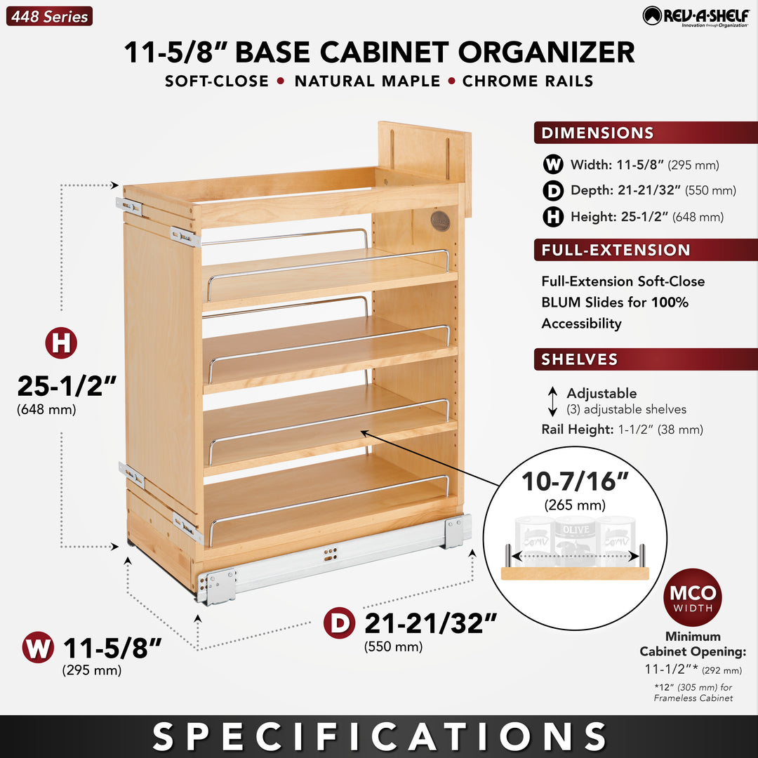 Rev-A-Shelf 11.75" Pullout Kitchen Cabinet Organizer Soft-close, 448-BCSC-11C