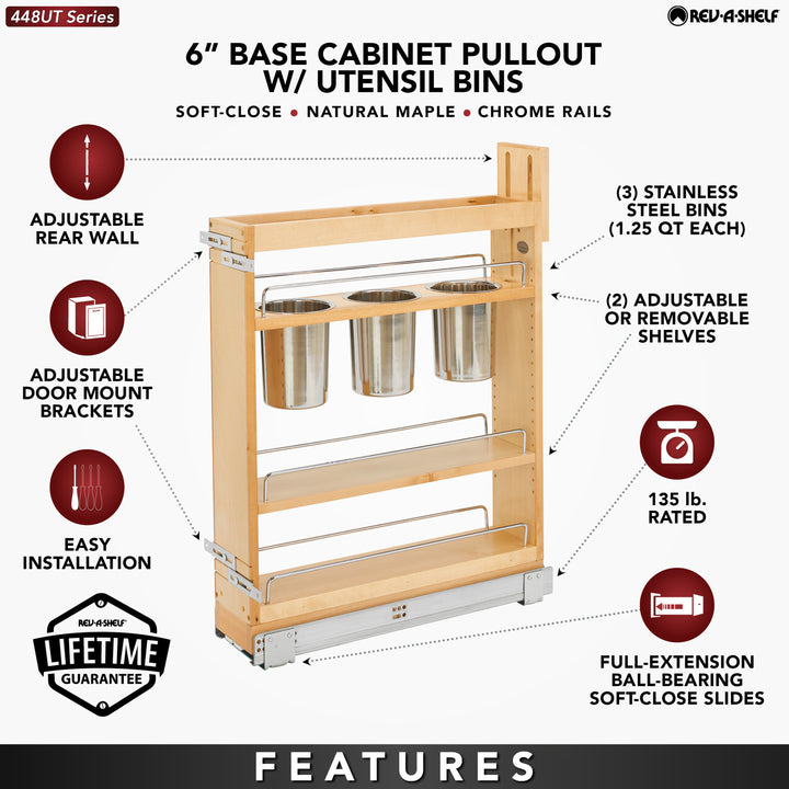 Rev-A-Shelf 5" Pullout Kitchen Cabinet Organizer with Soft-close, 448UT-BCSC5C