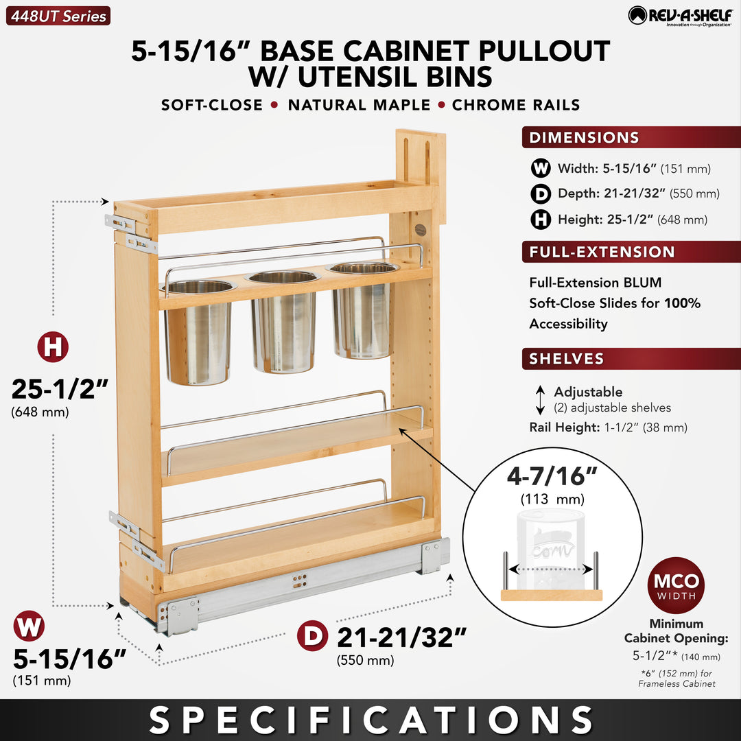 Rev-A-Shelf 5" Pullout Kitchen Cabinet Organizer with Soft-close, 448UT-BCSC5C