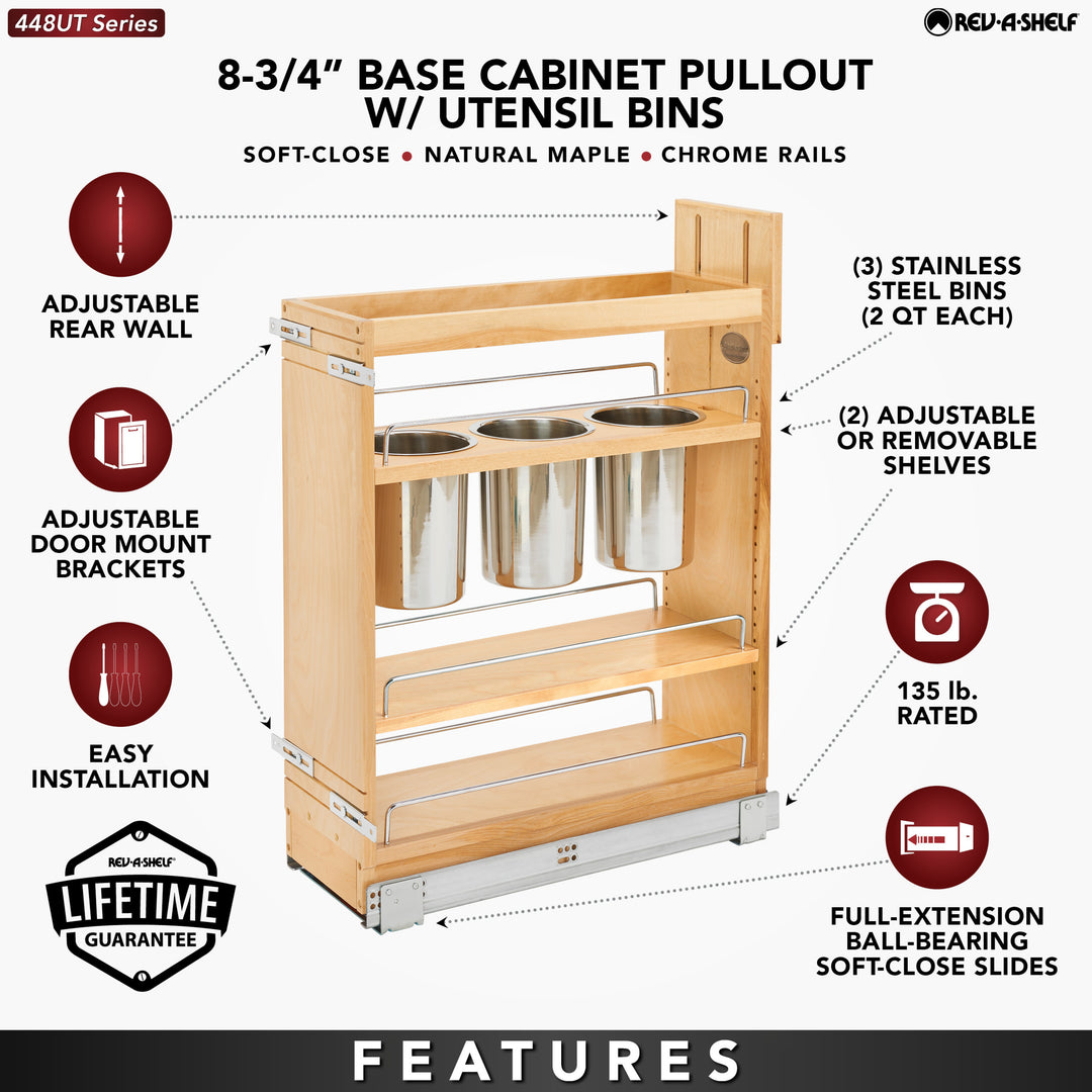 Rev-A-Shelf 8" Pullout Kitchen Cabinet Organizer with Soft-Close, 448UT-BCSC8C