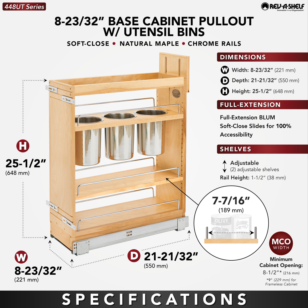 Rev-A-Shelf 8" Pullout Kitchen Cabinet Organizer with Soft-Close, 448UT-BCSC8C