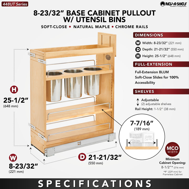 Rev-A-Shelf 8" Pullout Kitchen Cabinet Organizer with Soft-Close, 448UT-BCSC8C