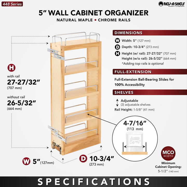 Rev-A-Shelf 5" Pullout Wall Kitchen Cabinet Organizer Storage Rack, 448-WC-5C