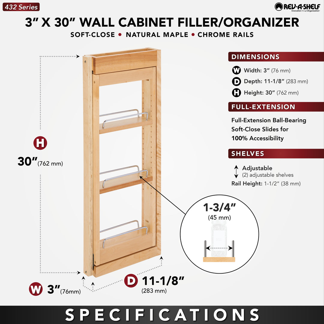 Rev-A-Shelf 3" Pullout Wall Filler w/ Soft-close, 30" Height, 432-WFBBSC30-3C