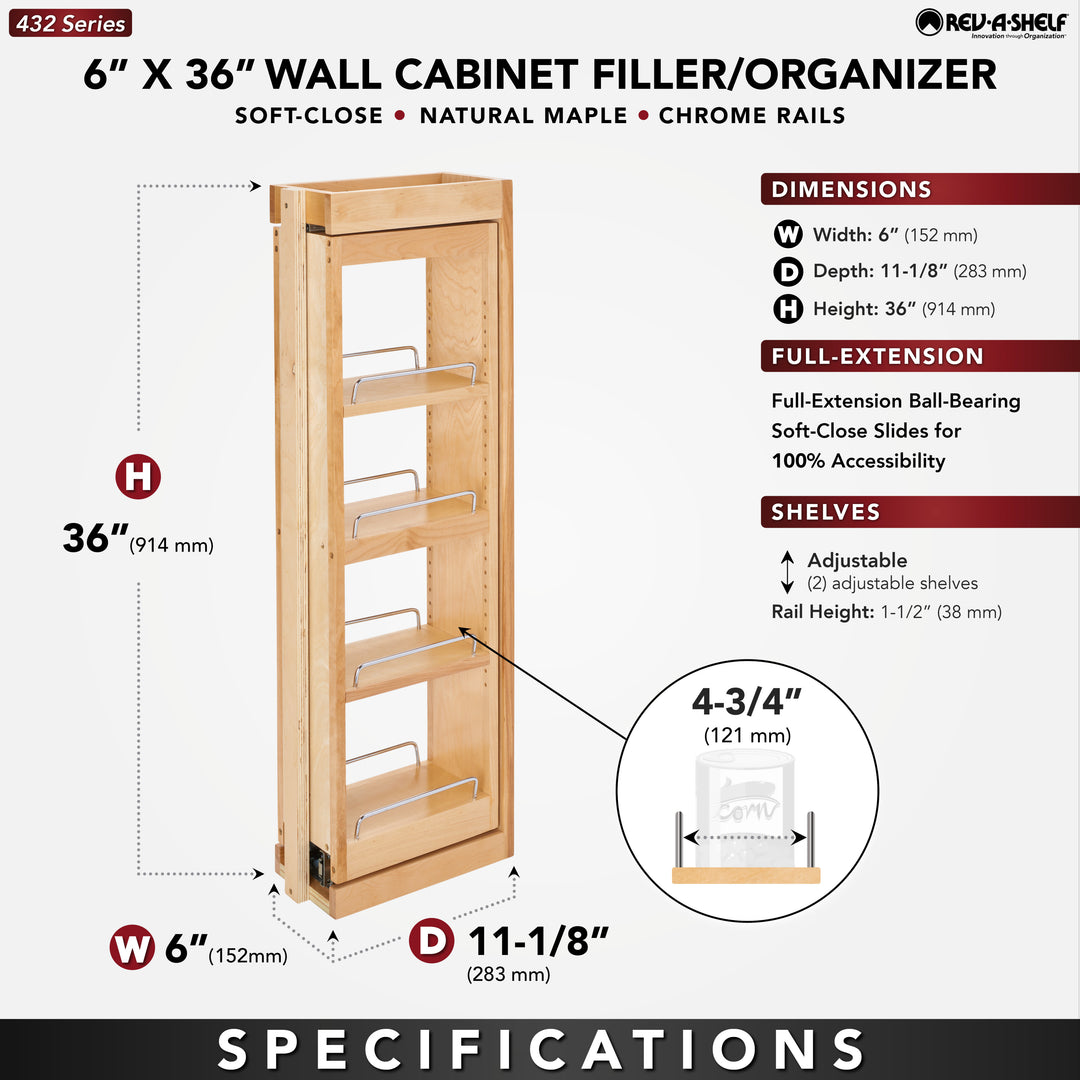 Rev-A-Shelf 6" Pullout Wall Filler w/ Soft-close, 36" Height, 432-WFBBSC36-6C