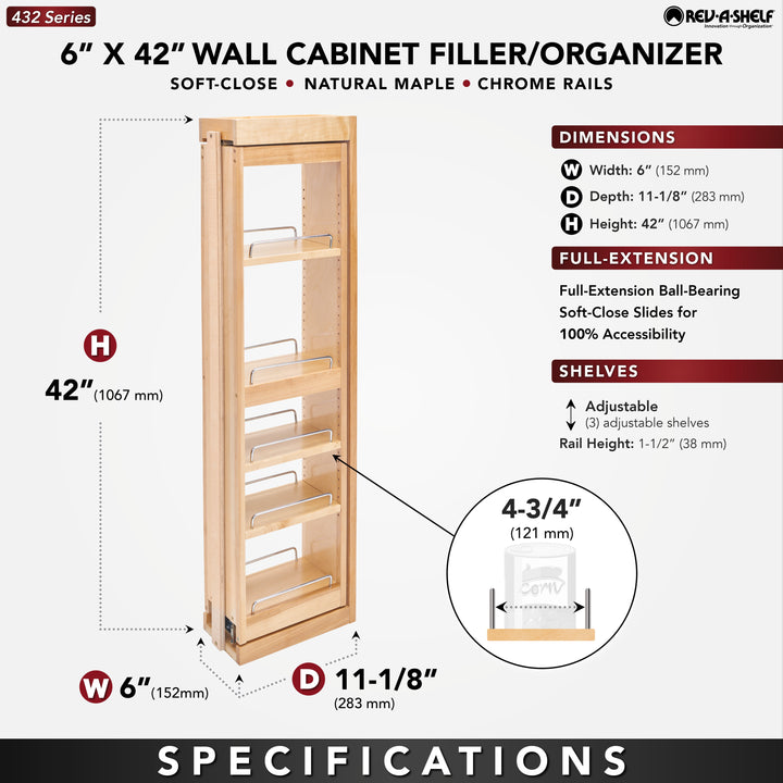 Rev-A-Shelf 6" Pullout Wall Filler w/ Soft-close, 42" Height, 432-WFBBSC42-6C