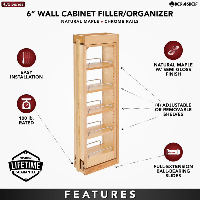 Rev-A-Shelf Pullout Wall Filler Cabinet Wooden Organizer, 36" Hgt, 432-WF36-6C