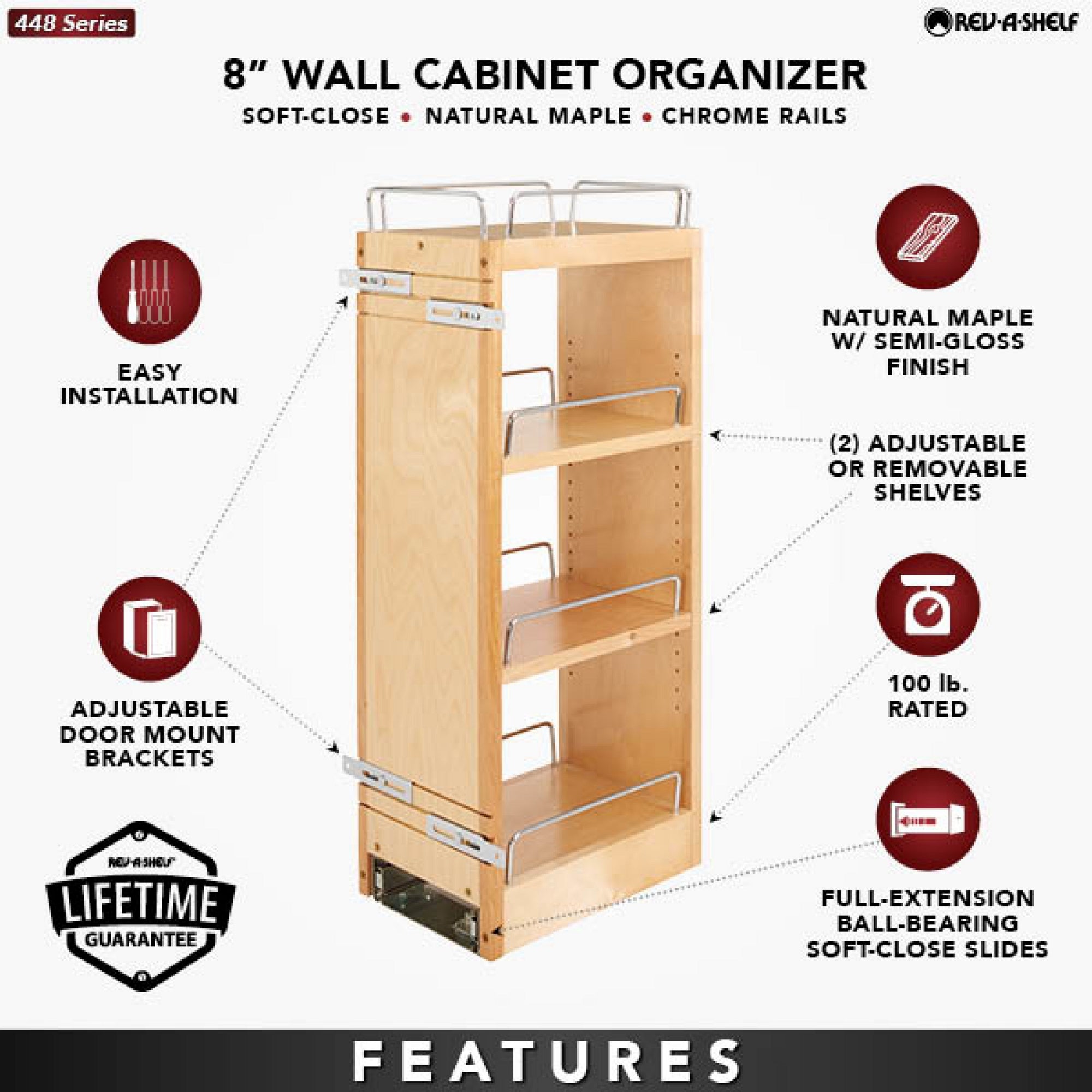 Rev-A-Shelf 8" Pullout Kitchen Wall Cabinet Organizer Soft-close, 448-BBSCWC-8C - VMInnovations