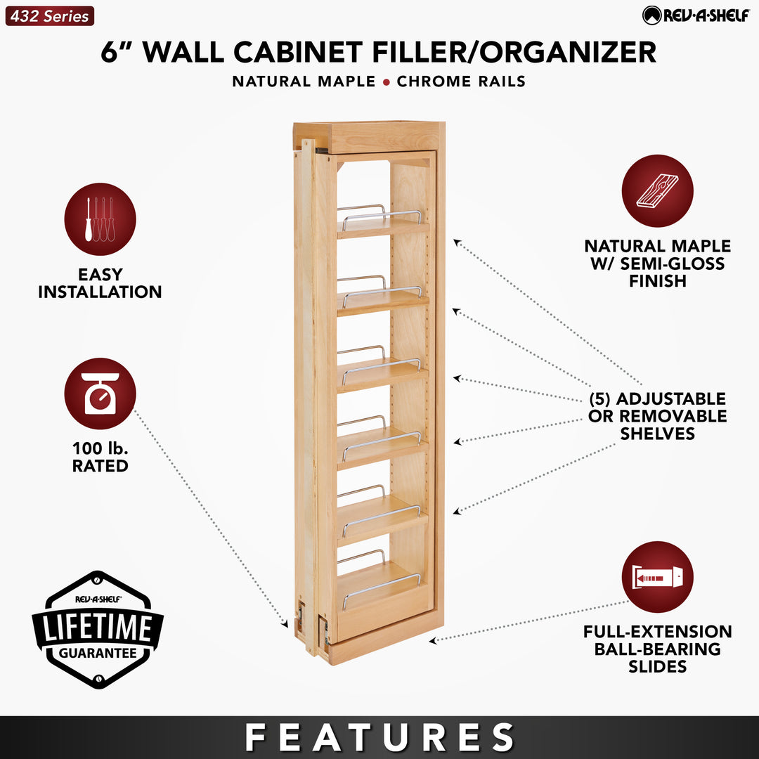 Rev-A-Shelf Pullout Wall Filler Cabinet Wooden Organizer, 42" Hgt, 432-WF42-6C