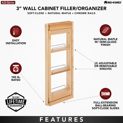 Rev-A-Shelf 3" Pullout Wall Filler w/ Soft-close, 30" Height, 432-WFBBSC30-3C