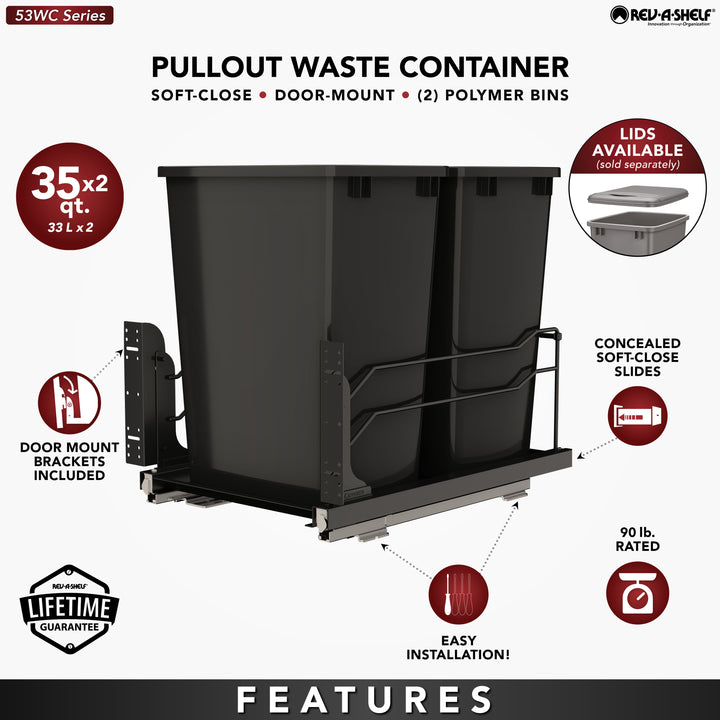 Rev-A-Shelf Double Pullout Kitchen Trash Can 35 qt. Soft-Close 53WC-1835SCDM-218