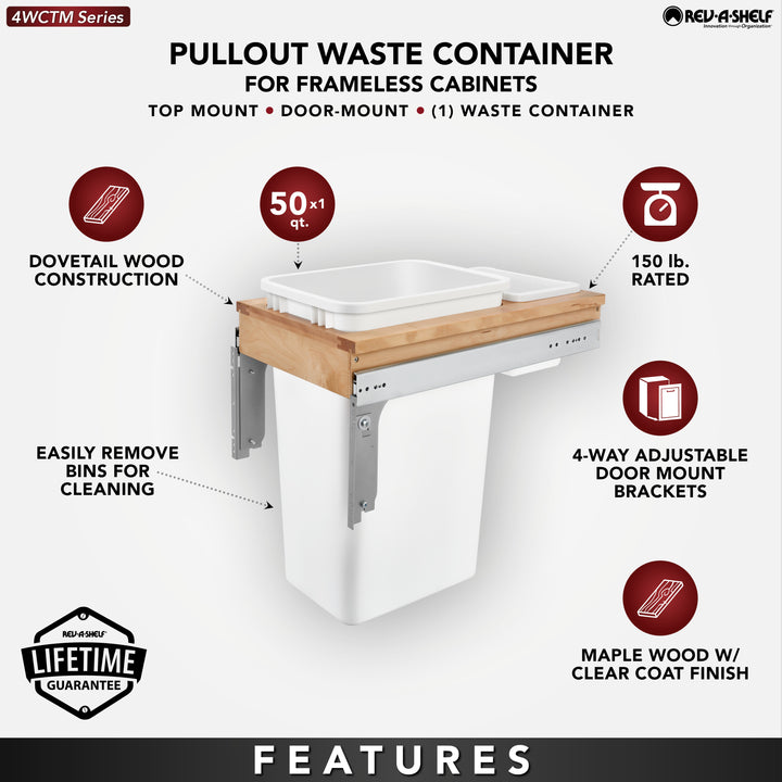 Rev-A-Shelf Pullout 50 qt. Trash Can for Full-height Cabinet, 4WCTM-1550DM1-343-FL