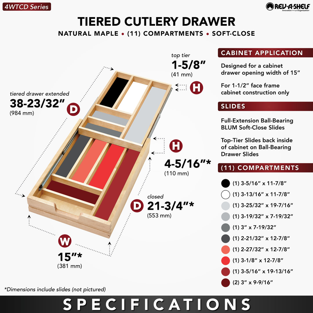 Rev-A-Shelf 15'' Tiered Cutlery Drawer Organizer with Soft-Close, 4WTCD-18HSC-1