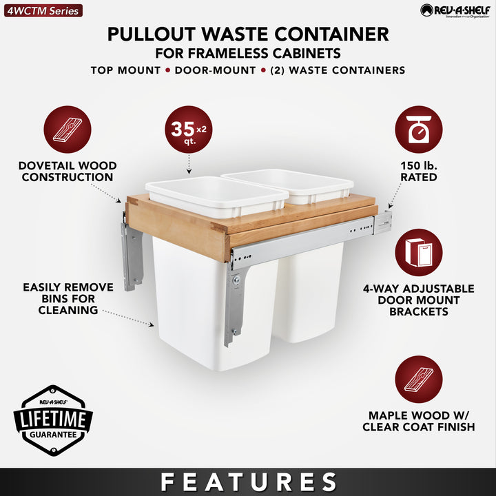 Rev-A-Shelf Double 35 qt. Pullout Top Mount Container, White, 4WCTM-21DM2-495-FL
