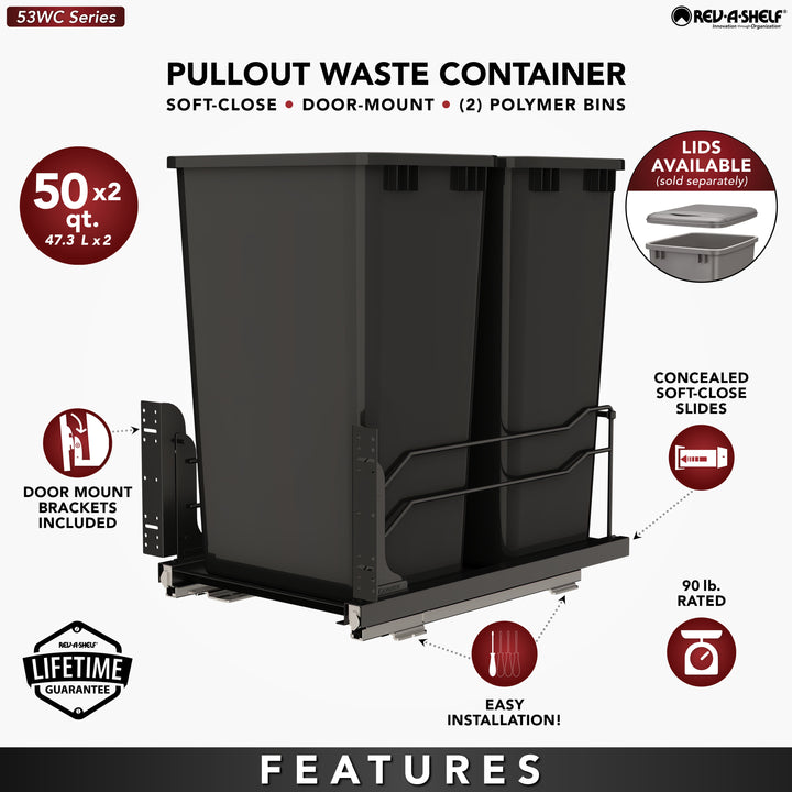 Rev-A-Shelf Double Pullout Kitchen Trash Can 50 qt. Soft-Close 53WC-2150SCDM-218