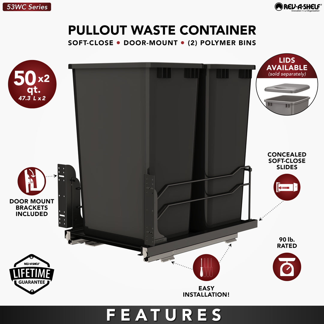Rev-A-Shelf Double Pullout Kitchen Trash Can 50 qt. Soft-Close 53WC-2150SCDM-218