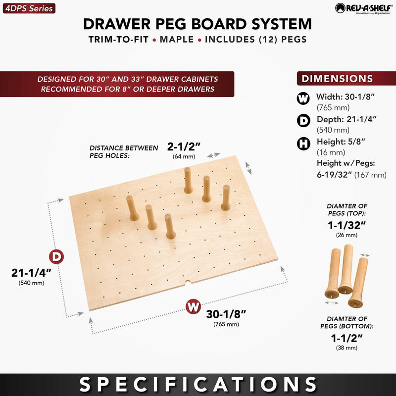 Rev-A-Shelf 30x21" Trimmable Pegboard Drawer Organizer with 9 Pegs, 4DPS-3021