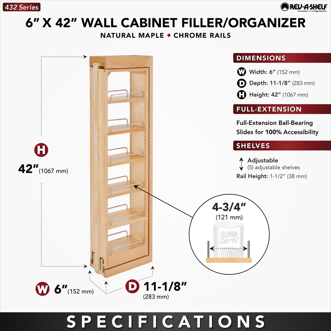 Rev-A-Shelf Pullout Wall Filler Cabinet Wooden Organizer, 42" Hgt, 432-WF42-6C